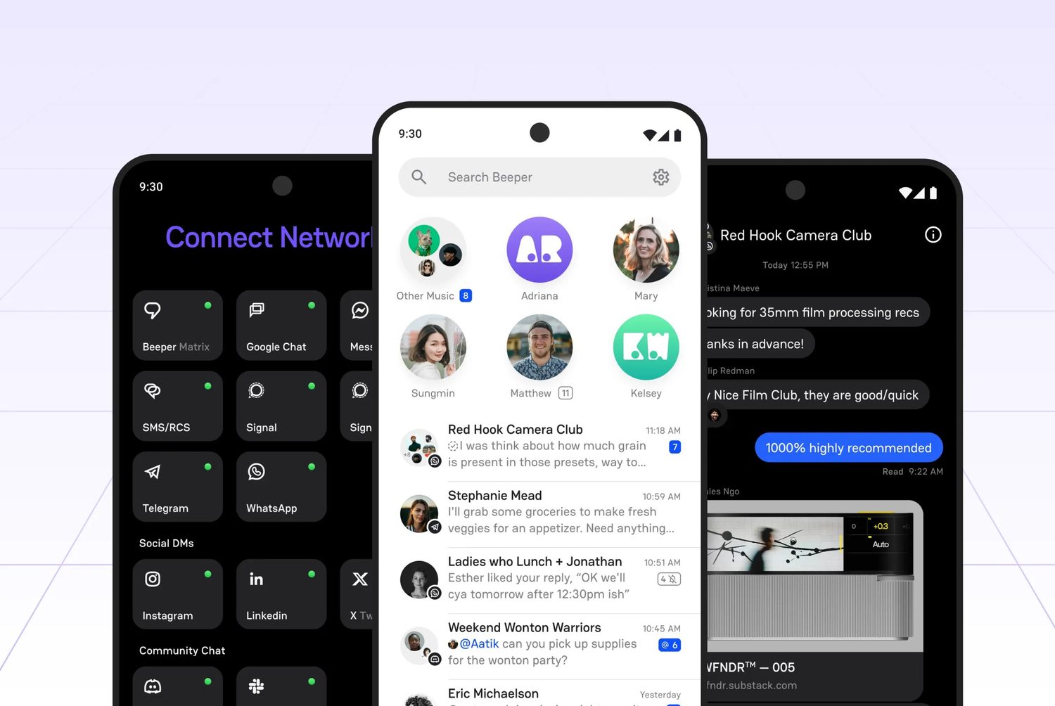 Beeper on three phones showing connected networks and a combined inbox