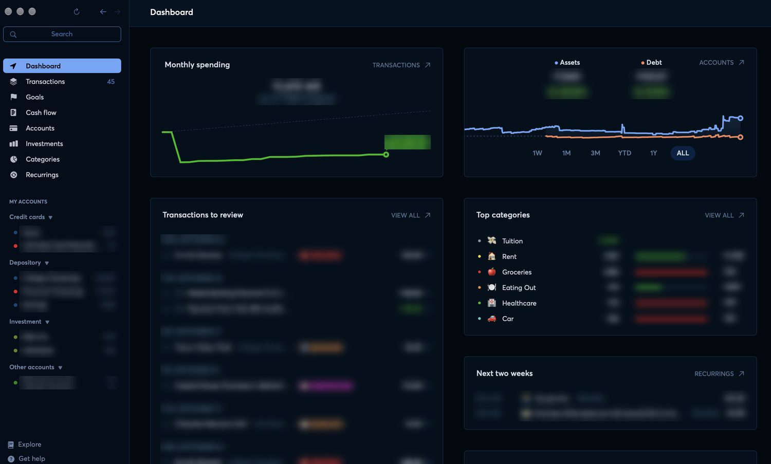 my Copilot Money dashboard with all amounts and accounts blurred