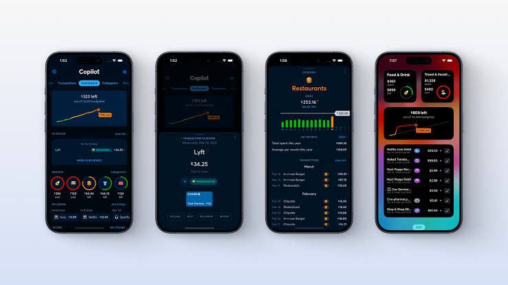 Copilot Money on four phones showing budgets and spending