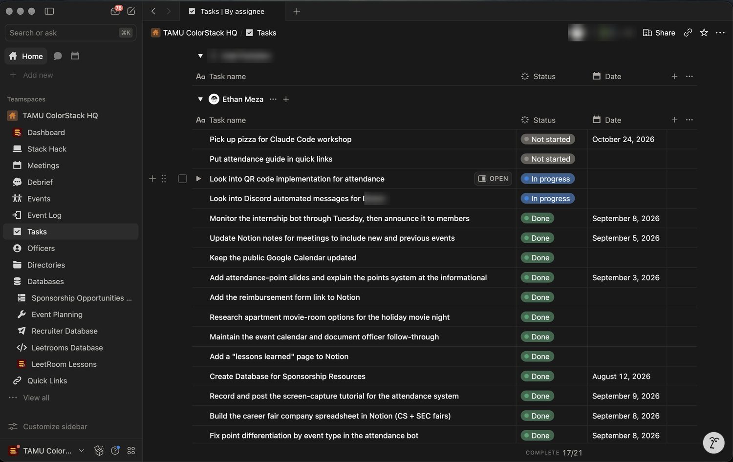 my Notion task board for TAMU ColorStack