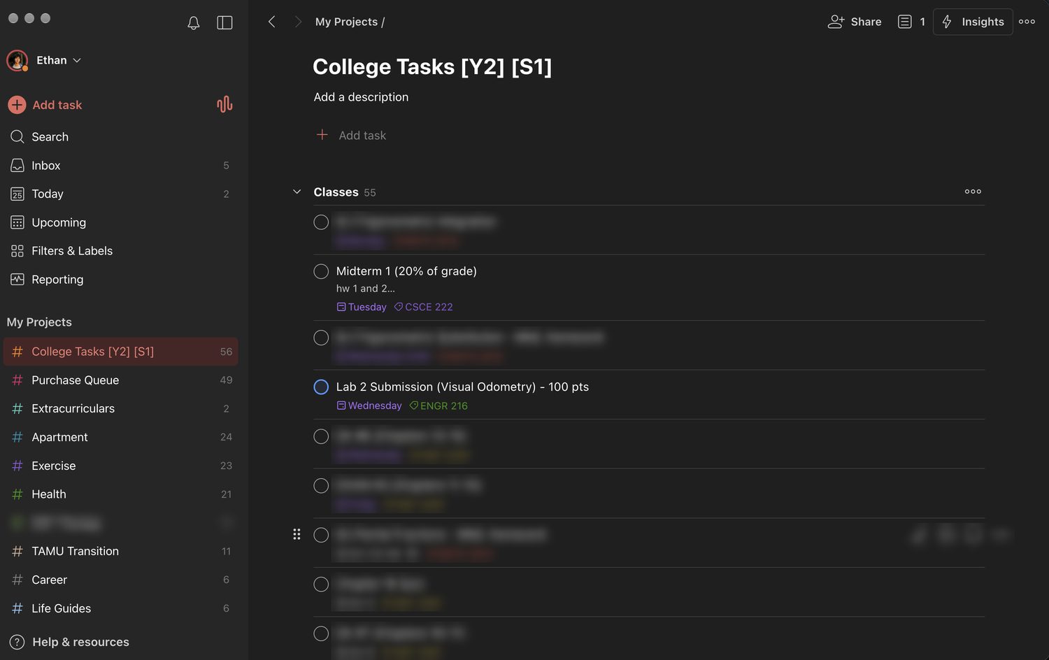 my Todoist college tasks list with classes and due dates