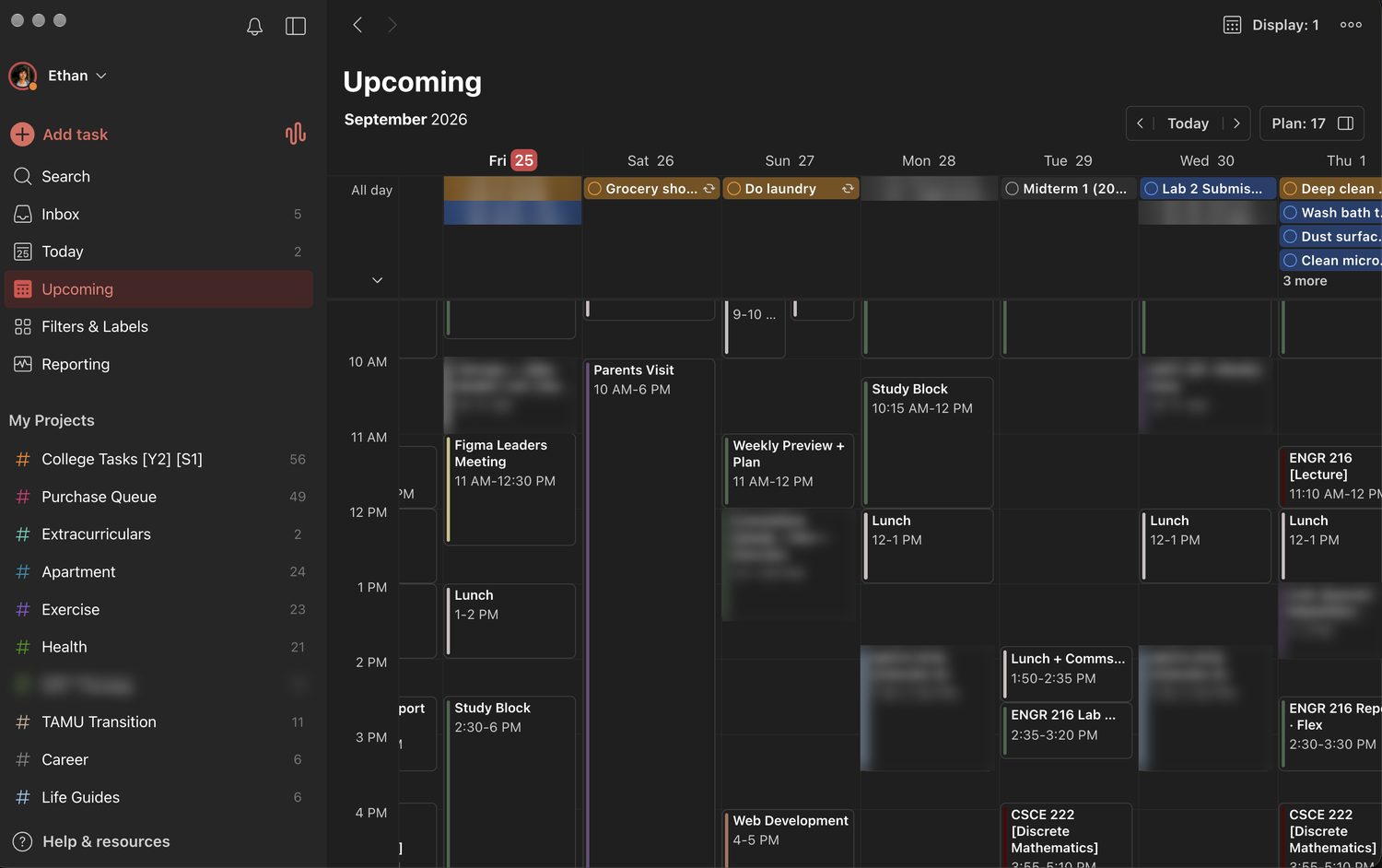 my Todoist upcoming view laid out as a weekly calendar