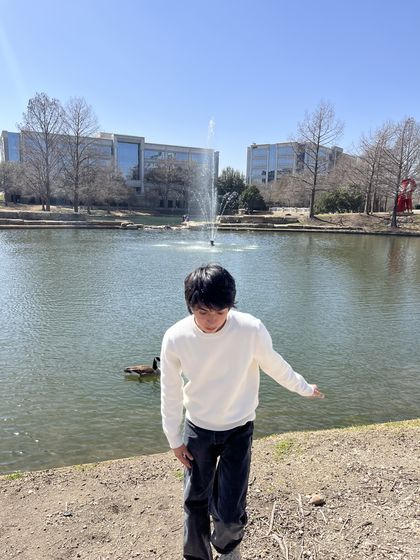 Ethan reaching toward a duck by a pond with a fountain