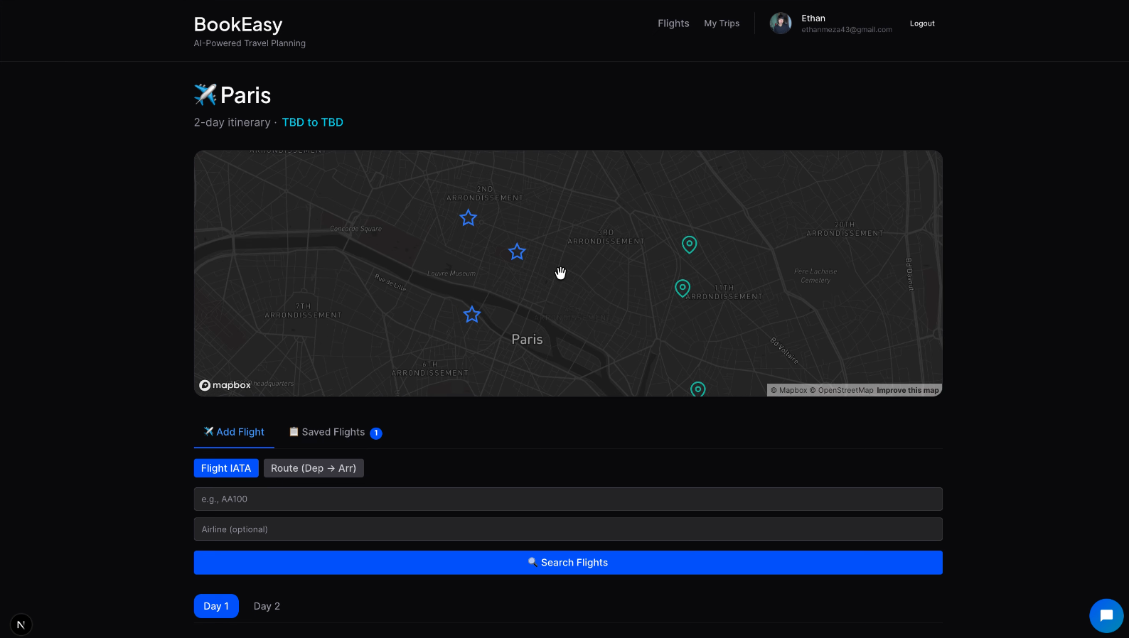 BookEasy itinerary planner showing a Paris trip map and flight search