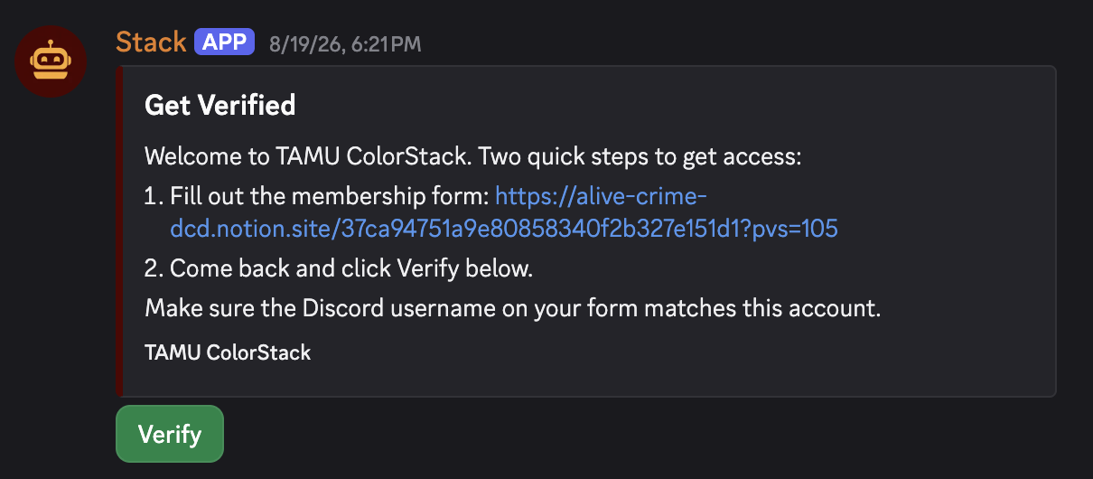 Stack bot's Get Verified welcome message in Discord