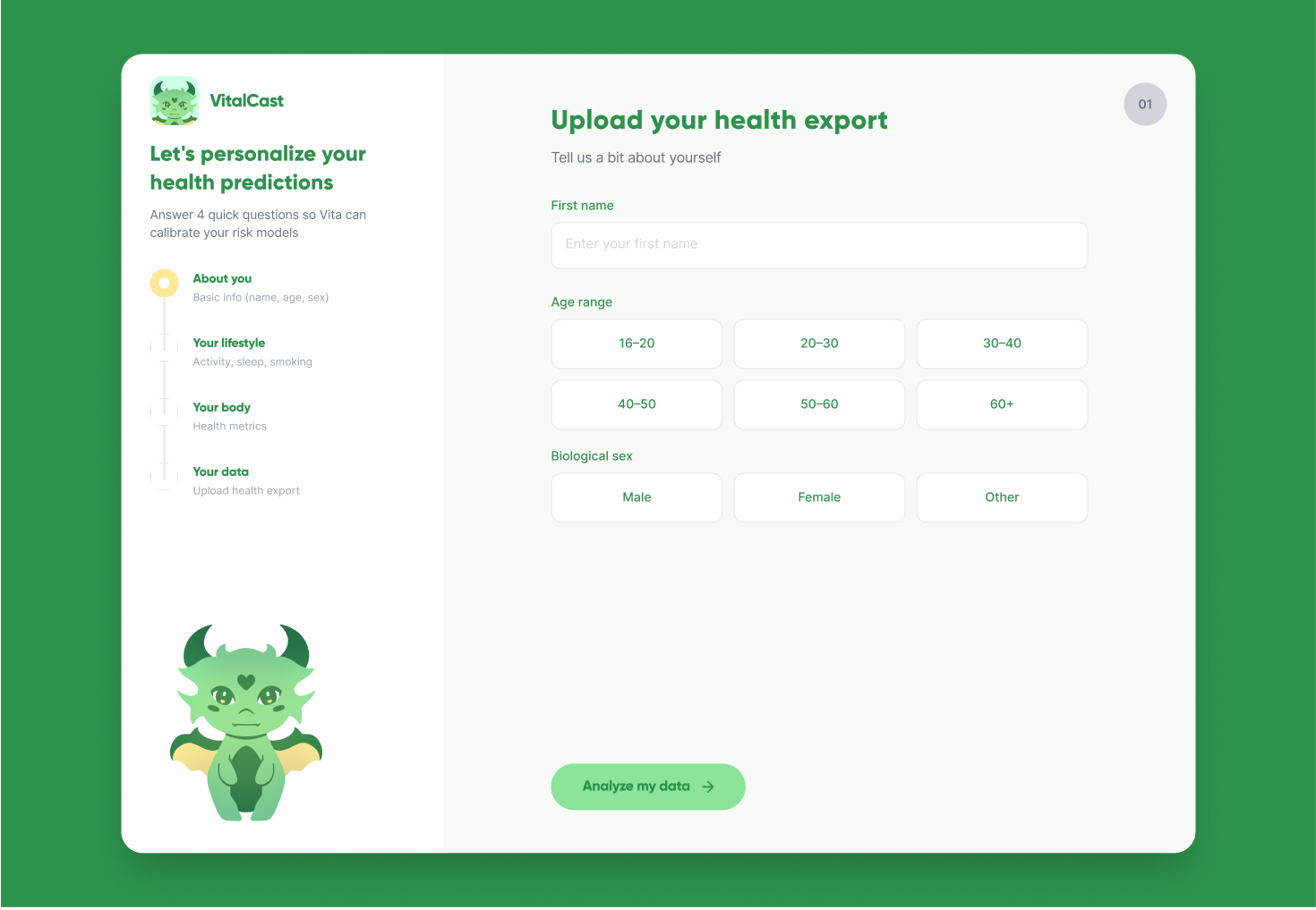 VitalCast AI onboarding step asking basic info